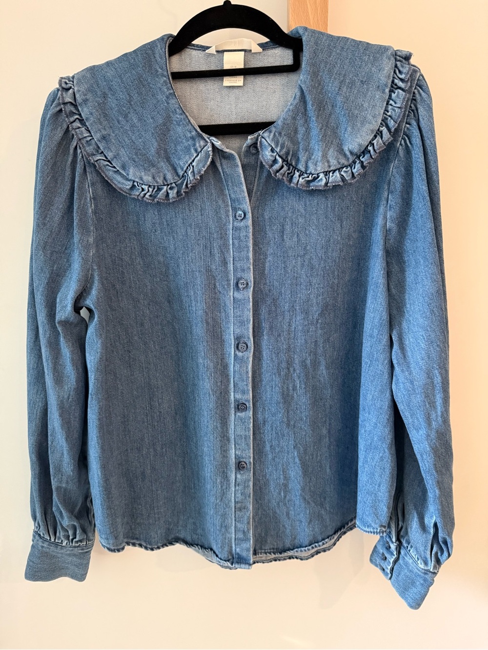 H&M Blue Denim Ruffle Collar Button-Up Blouse